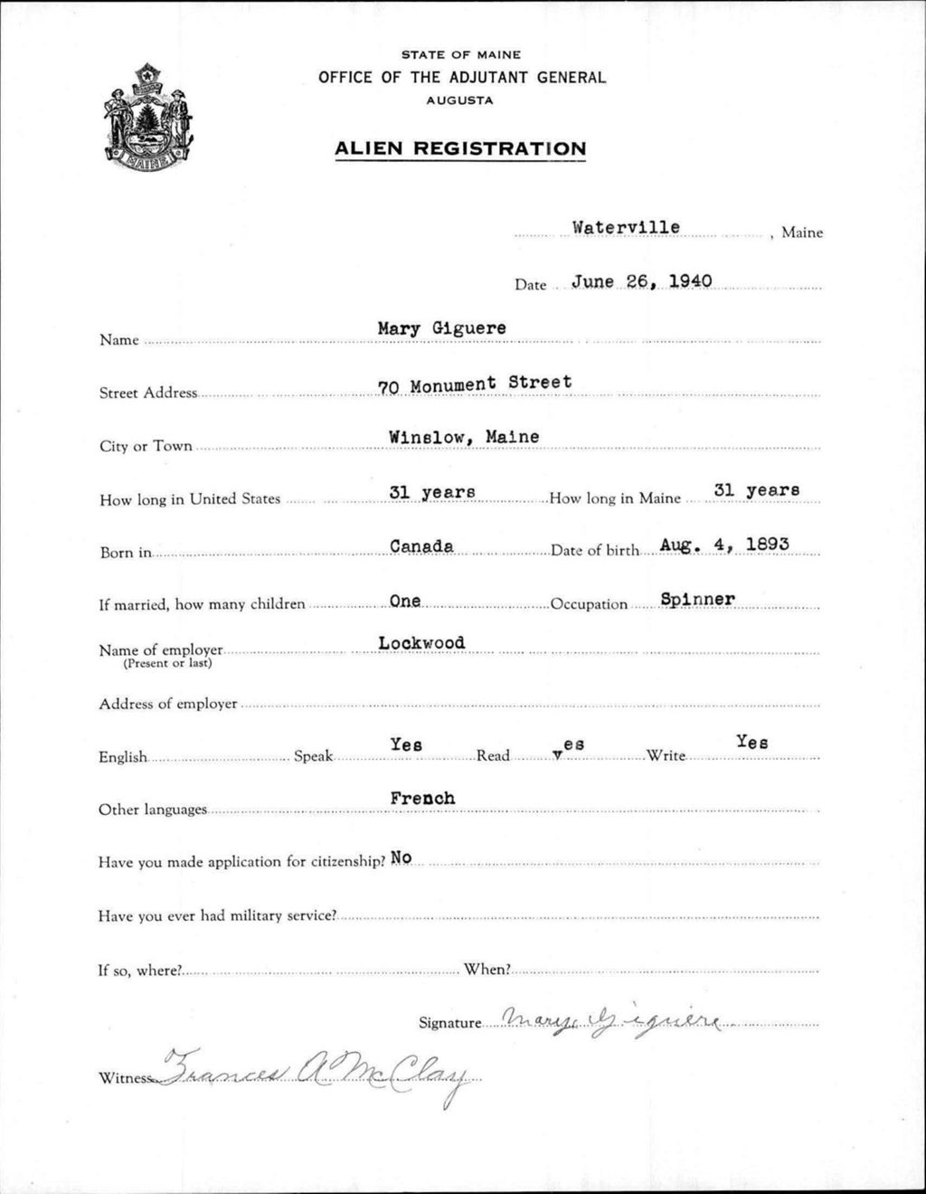 Miniature of Alien Registration- Giguere, Mary (Waterville, Kennebec County)
