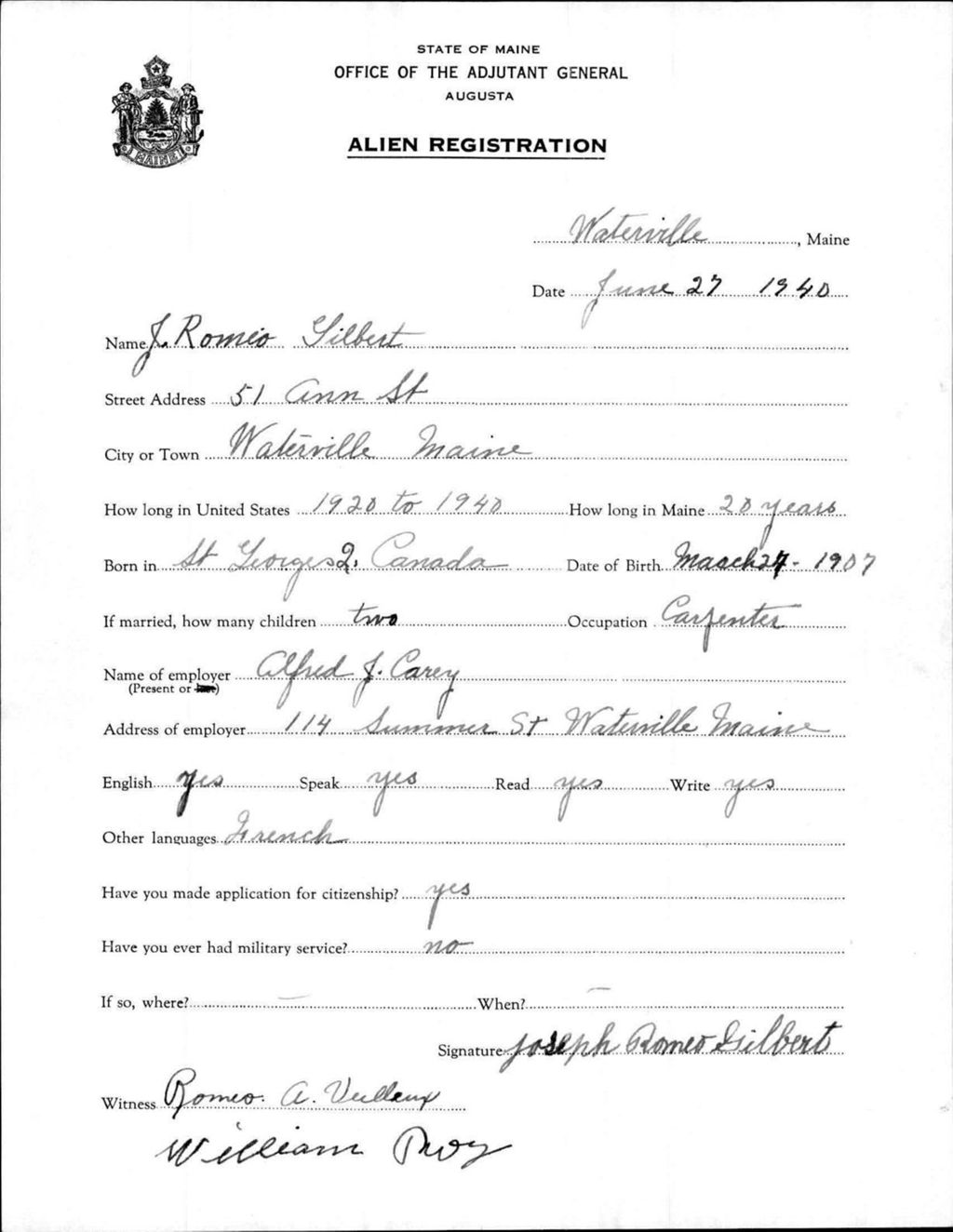 Miniature of Alien Registration- Gilbert, J Romeo (Waterville, Kennebec County)