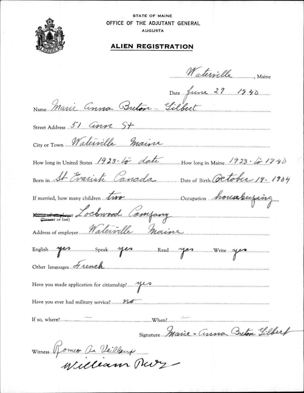 Miniature of Alien Registration- Breton, Marie Anna (Waterville, Kennebec County)