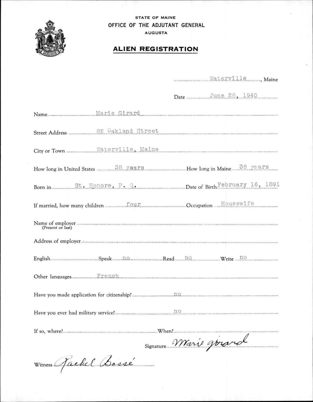 Miniature of Alien Registration- Girard, Marie (Waterville, Kennebec County)