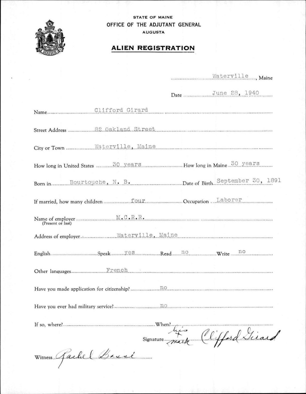 Miniature of Alien Registration- Girard, Clifford (Waterville, Kennebec County)