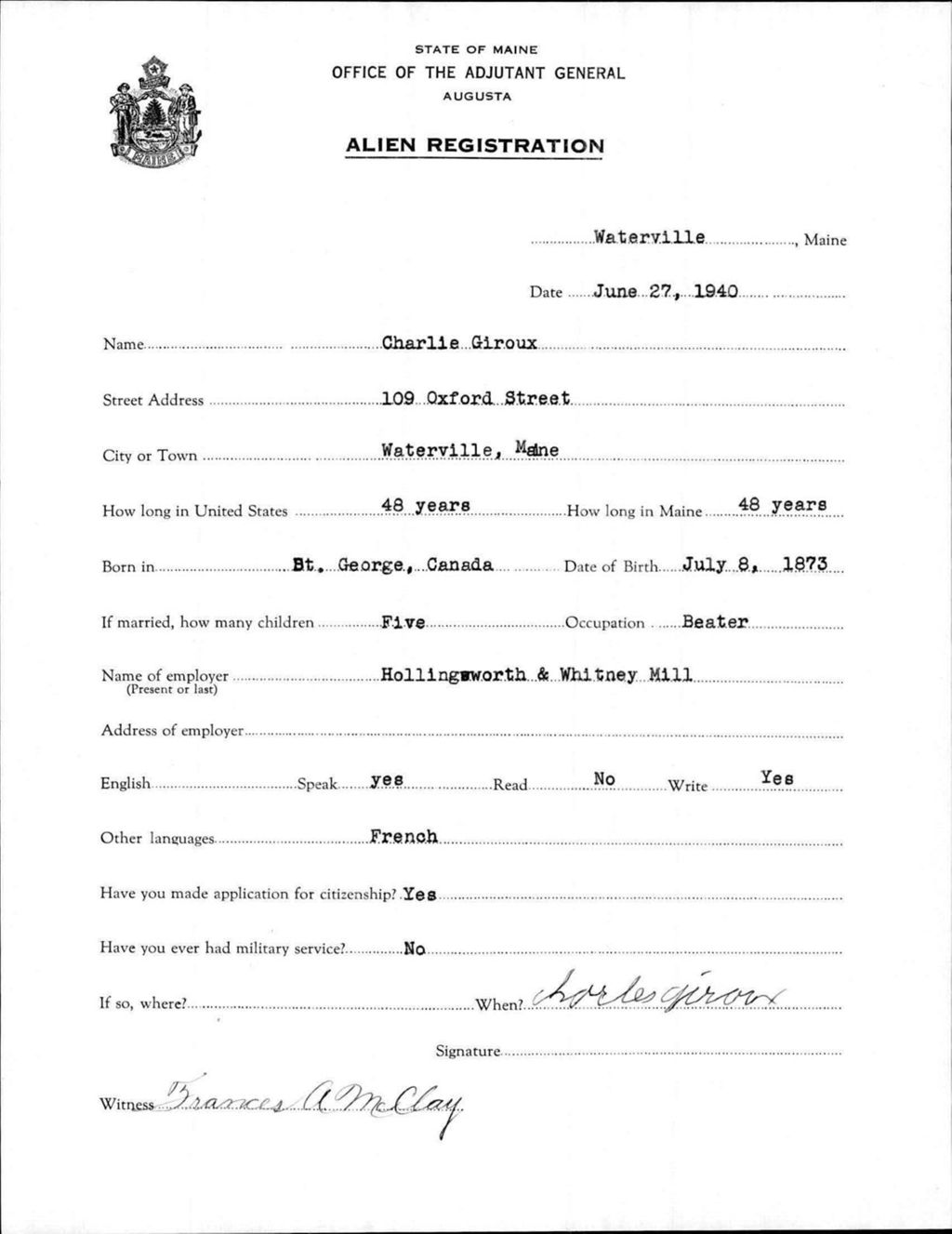 Miniature of Alien Registration- Giroux, Charlie (Waterville, Kennebec County)