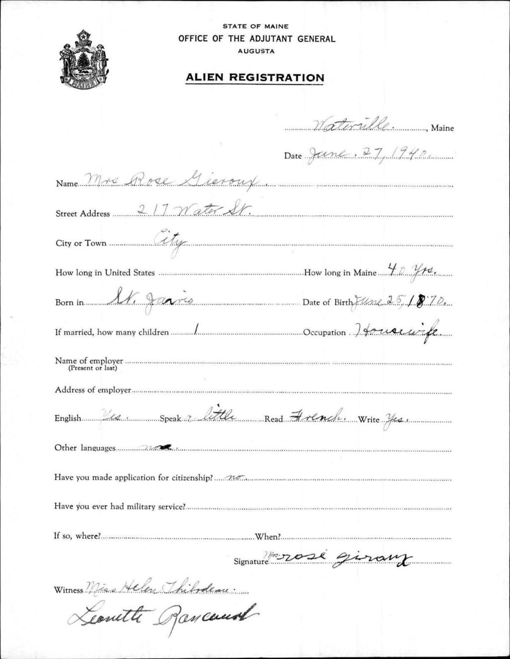 Miniature of Alien Registration- Giroux, Rose (Waterville, Kennebec County)
