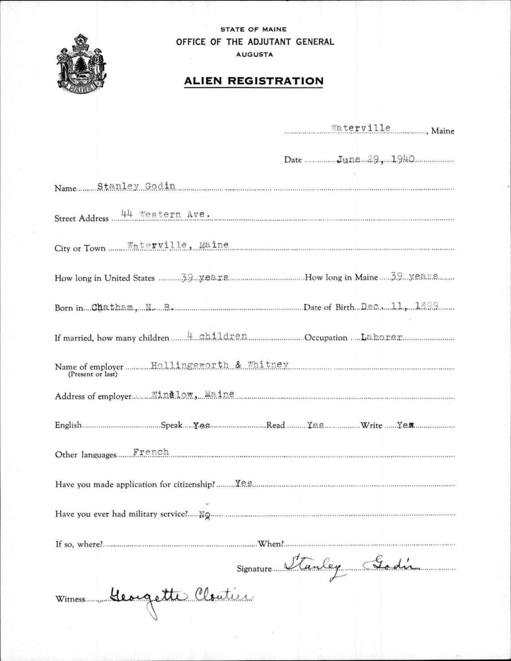 Miniature of Alien Registration- Godin, Stanley (Waterville, Kennebec County)