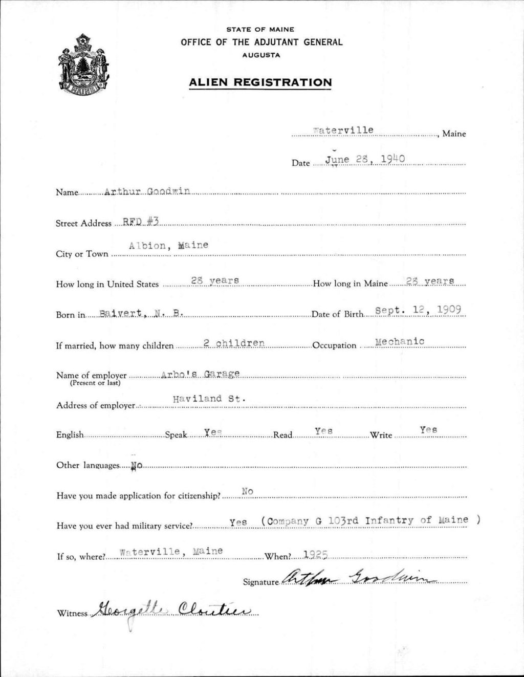 Miniature of Alien Registration- Goodwin, Arthur (Waterville, Kennebec County)