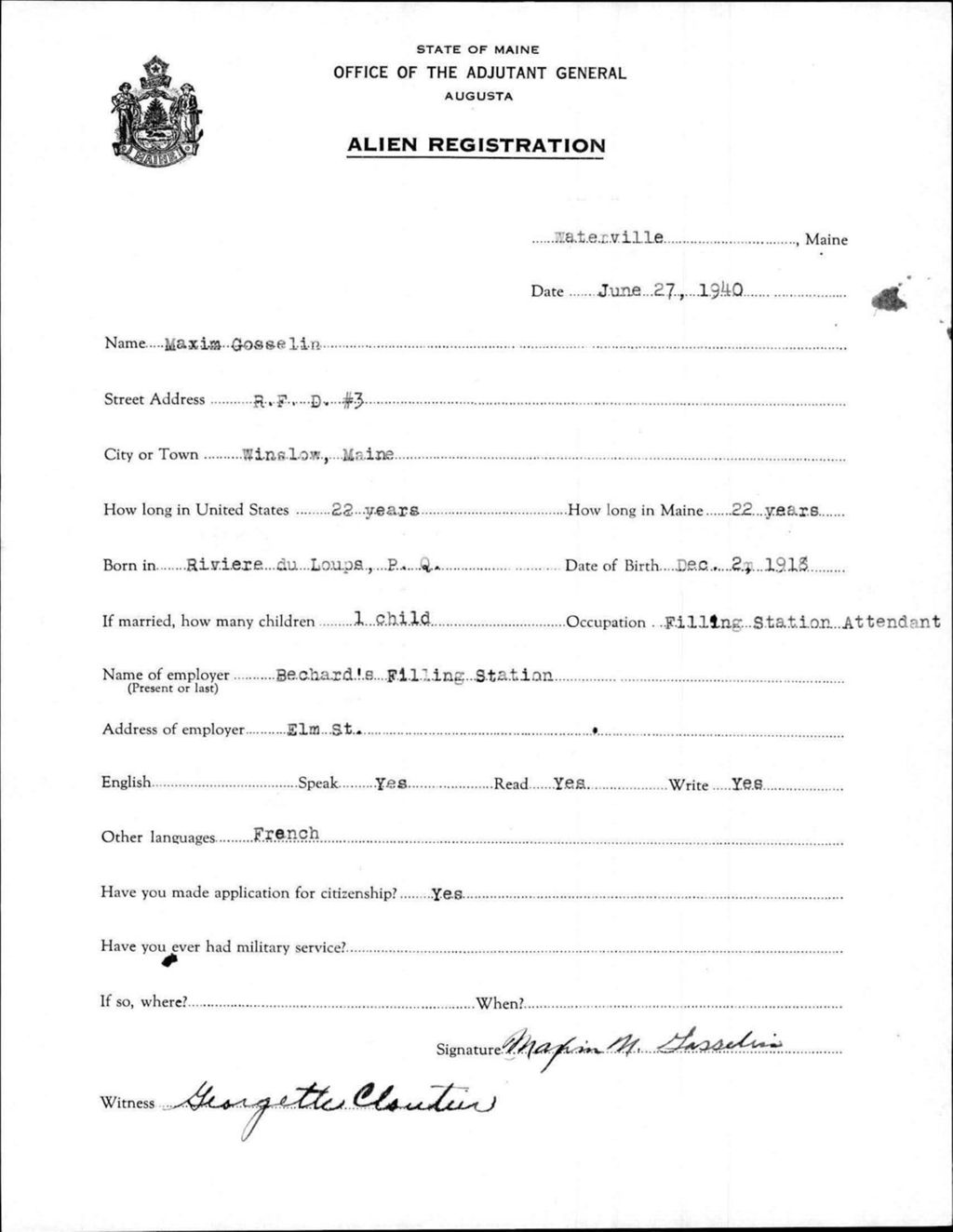 Miniature of Alien Registration- Gosselin, Maxim (Waterville, Kennebec County)