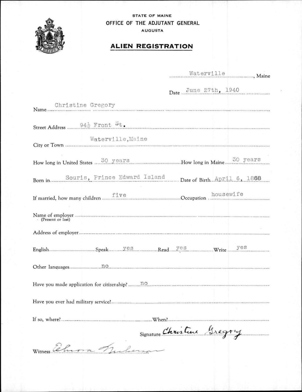 Miniature of Alien Registration- Gregory, Christine (Waterville, Kennebec County)
