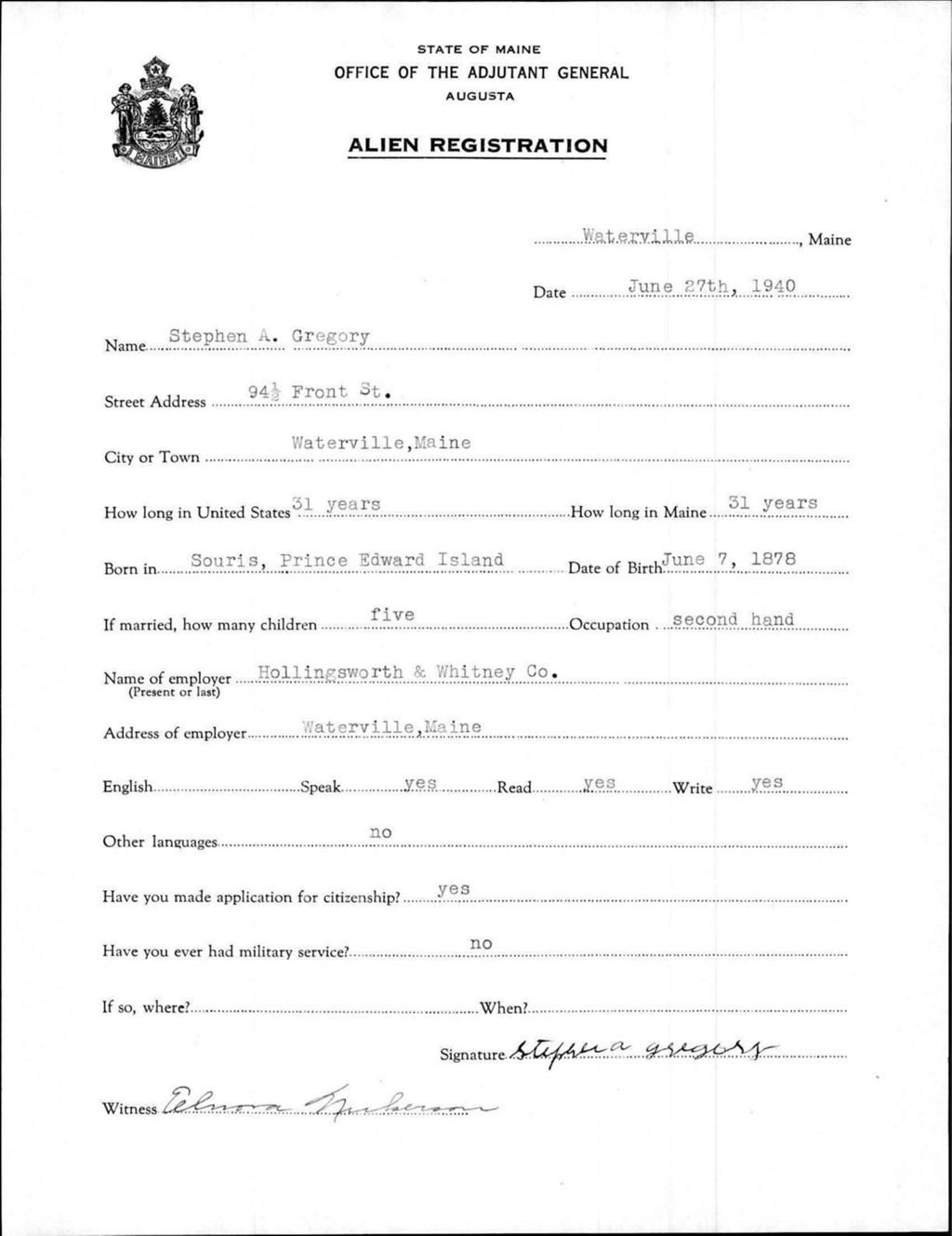 Miniature of Alien Registration- Gregory, Stephen A. (Waterville, Kennebec County)