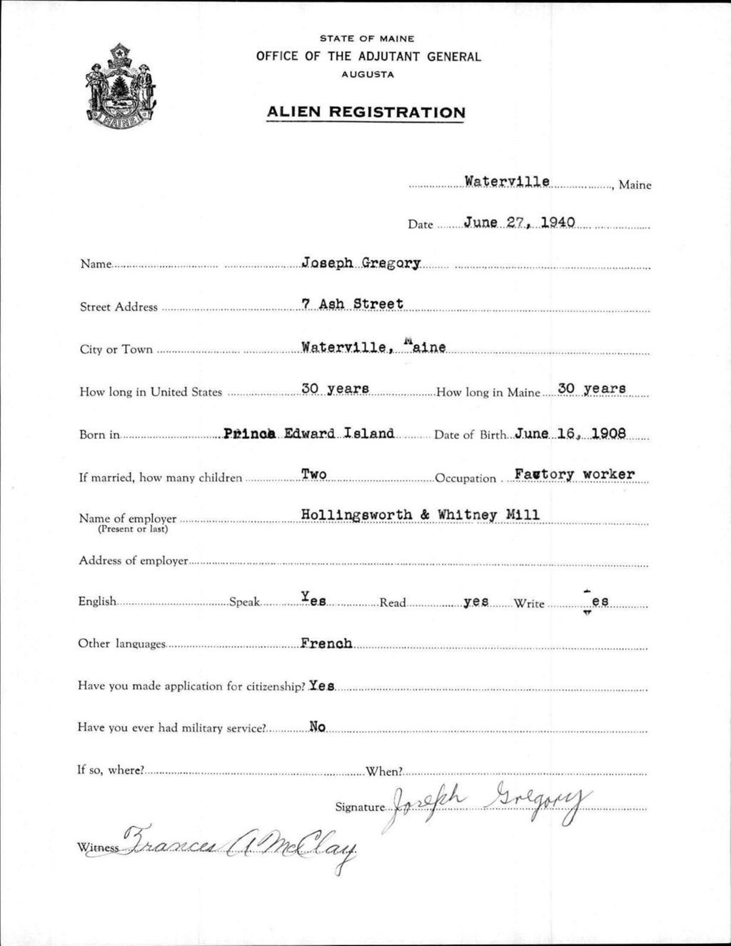 Miniature of Alien Registration- Gregory, Joseph (Waterville, Kennebec County)
