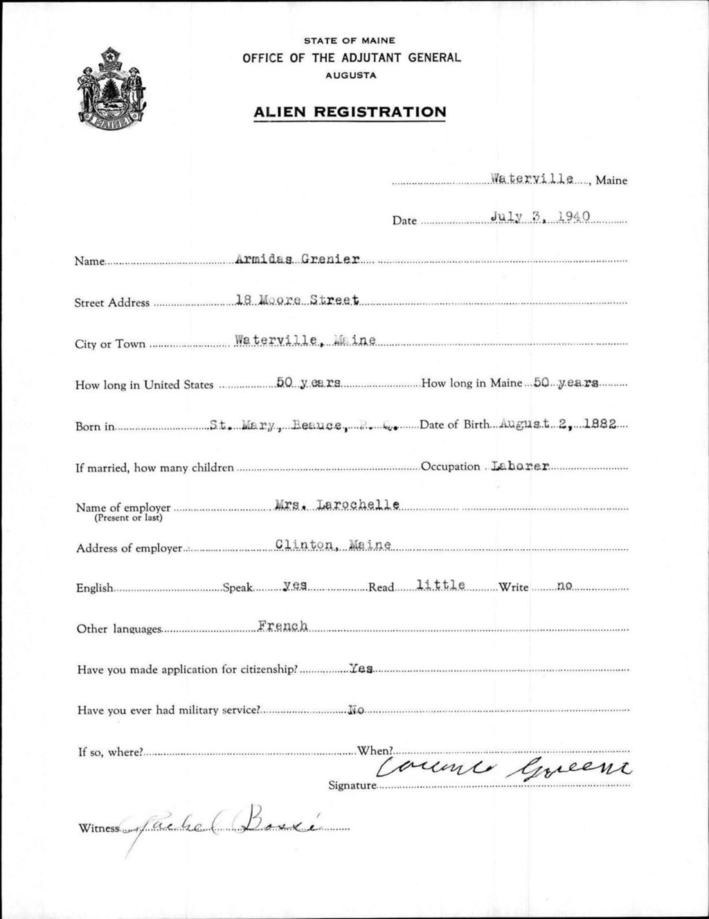 Miniature of Alien Registration- Grenier, Armidas (Waterville, Kennebec County)