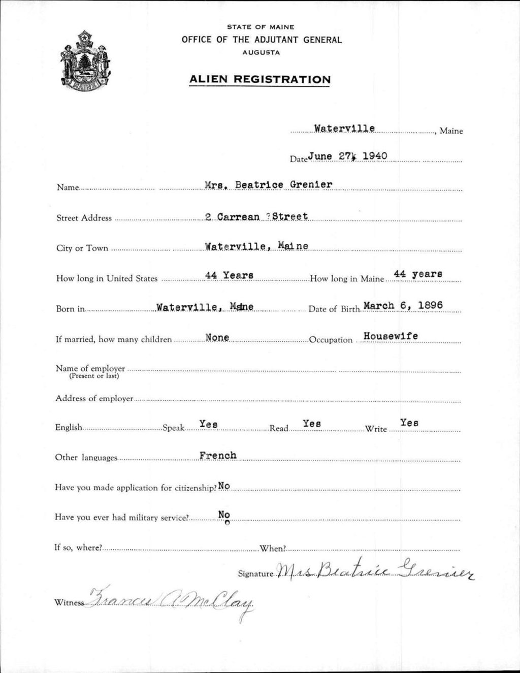 Miniature of Alien Registration- Grenier, Beatrice (Waterville, Kennebec County)