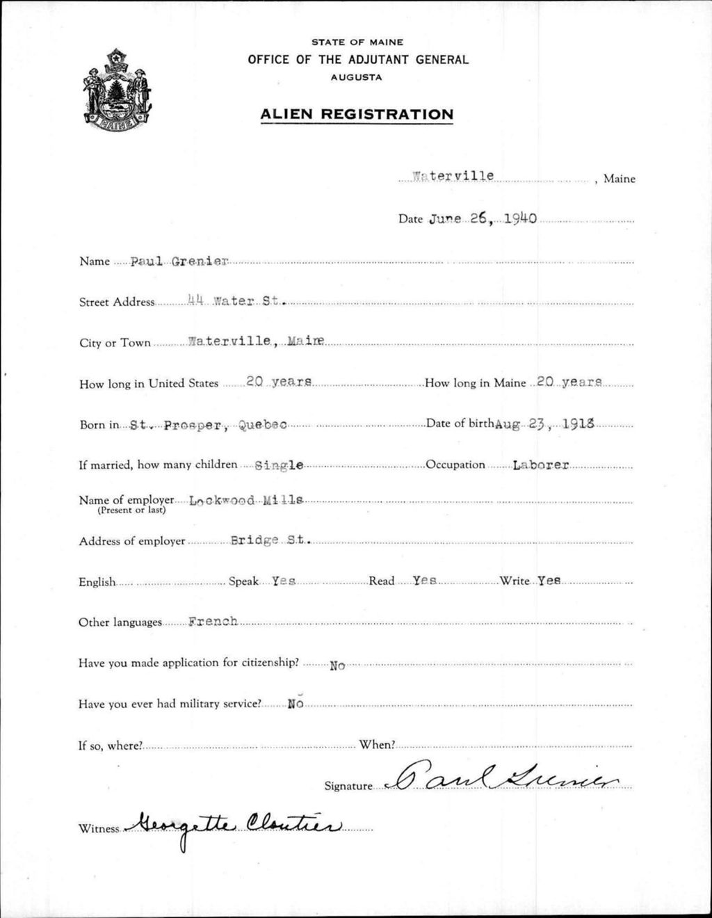 Miniature of Alien Registration- Grenier, Paul (Waterville, Kennebec County)