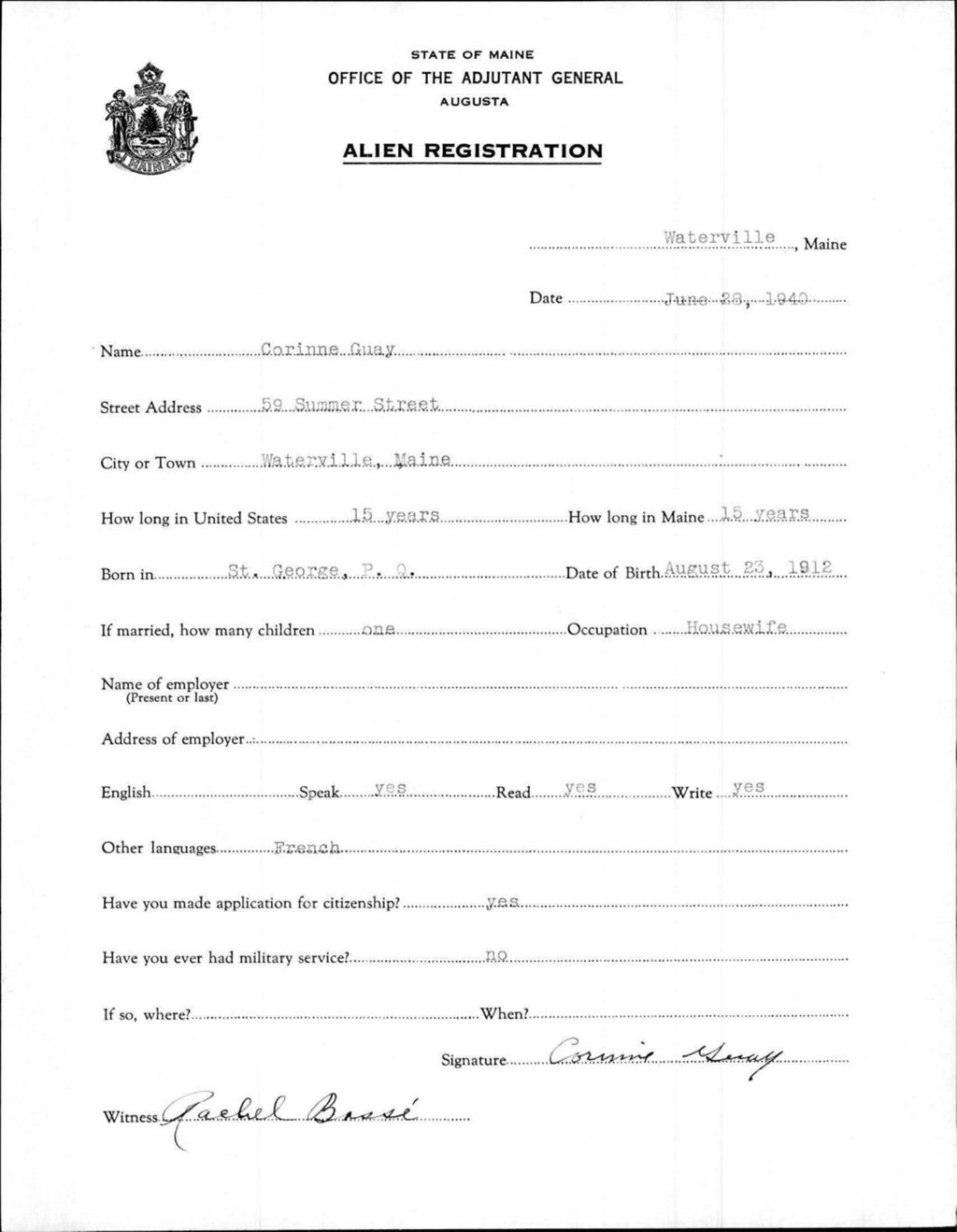 Miniature of Alien Registration- Guay, Corinne (Waterville, Kennebec County)
