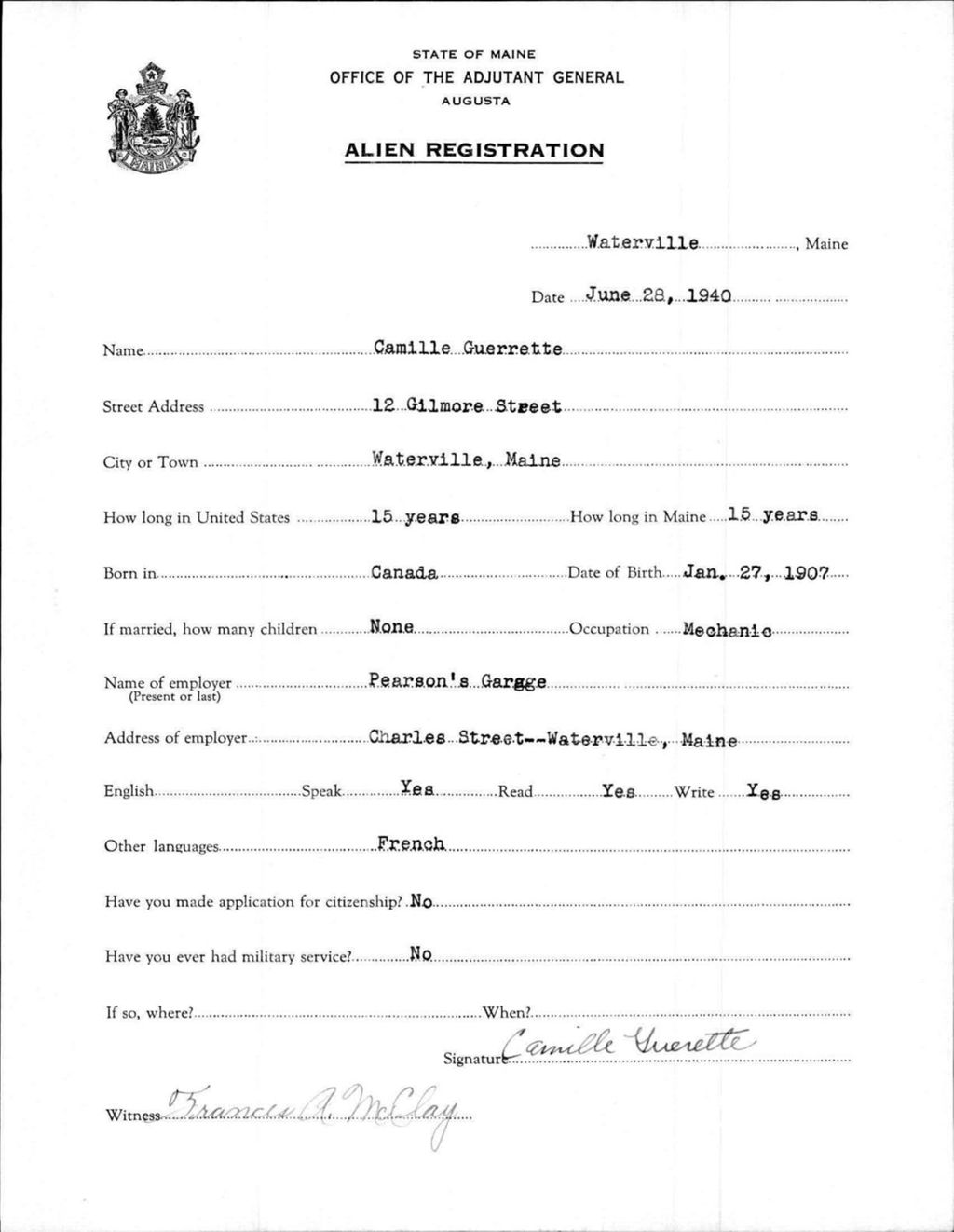 Miniature of Alien Registration- Guerrette, Camille (Waterville, Kennebec County)
