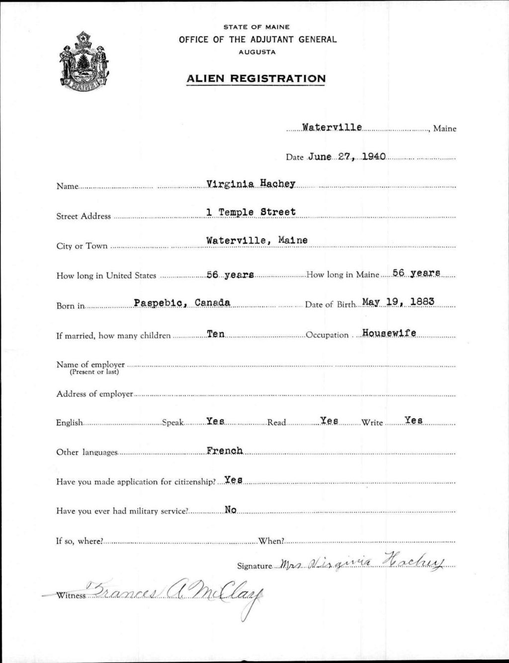 Miniature of Alien Registration- Hachey, Virginia (Waterville, Kennebec County)