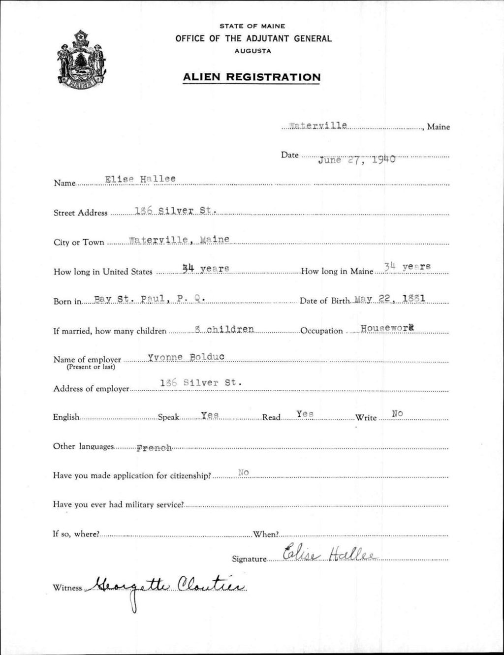 Miniature of Alien Registration- Hallee, Elise (Waterville, Kennebec County)