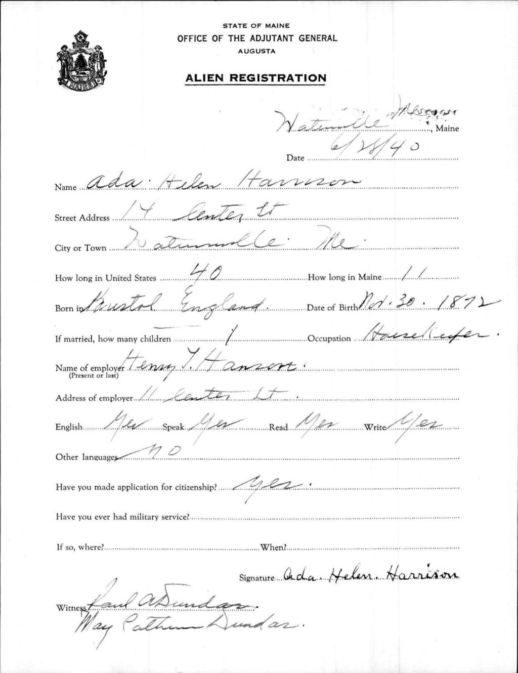 Miniature of Alien Registration- Harrison, Ada H. (Waterville, Kennebec County)