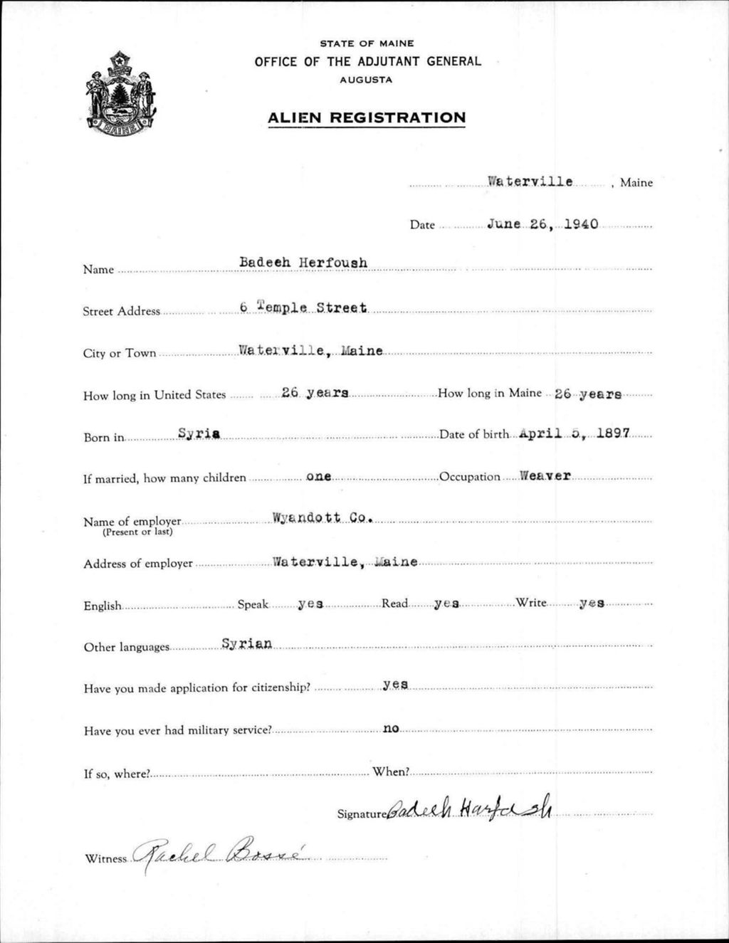 Miniature of Alien Registration- Herfoush, Badeeh (Waterville, Kennebec County)