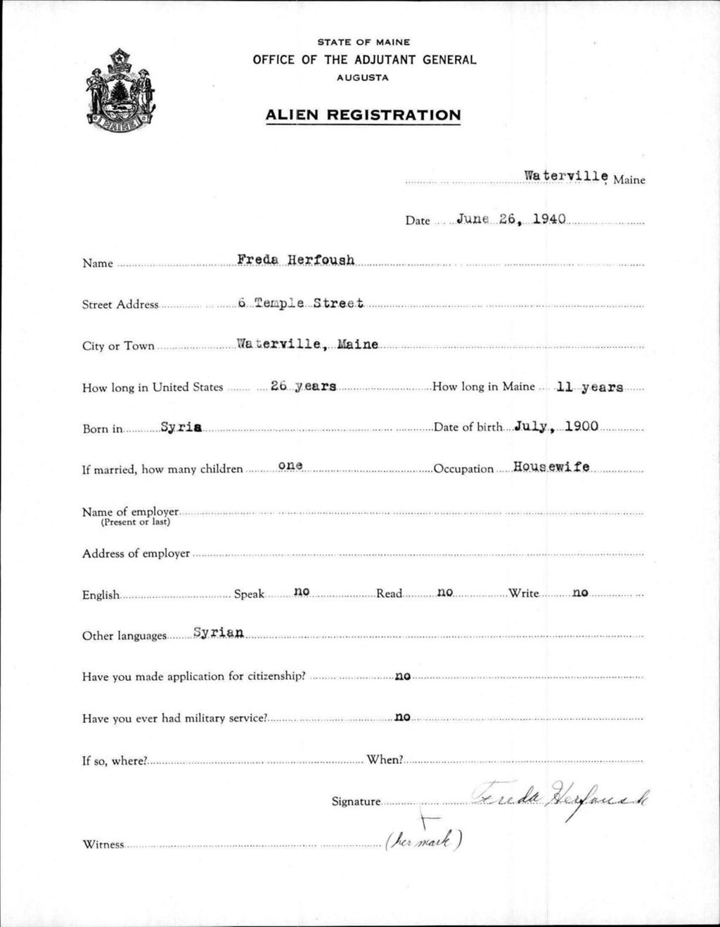 Miniature of Alien Registration- Herfoush, Freda (Waterville, Kennebec County)