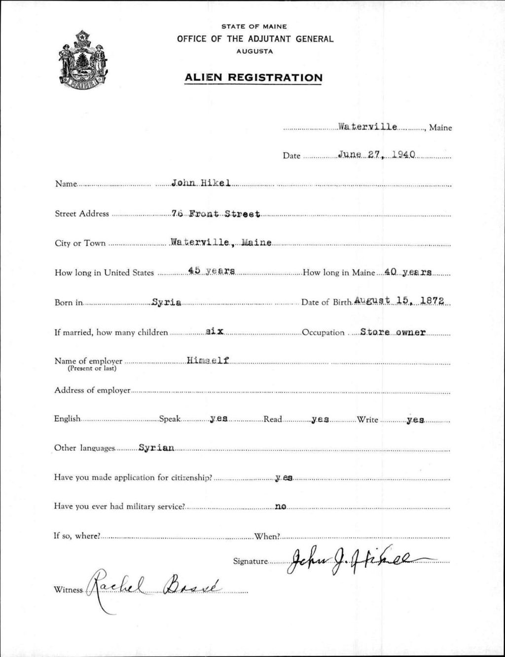 Miniature of Alien Registration- Hikel, John (Waterville, Kennebec County)