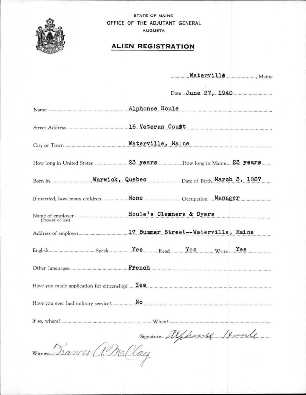 Miniature of Alien Registration- Houle, Alphonse (Waterville, Kennebec County)