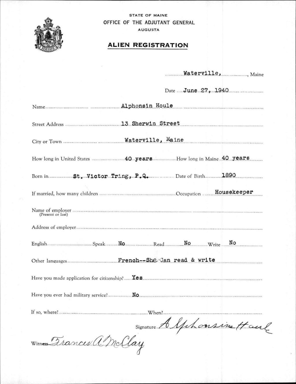 Miniature of Alien Registration- Houle, Alphonsin (Waterville, Kennebec County)