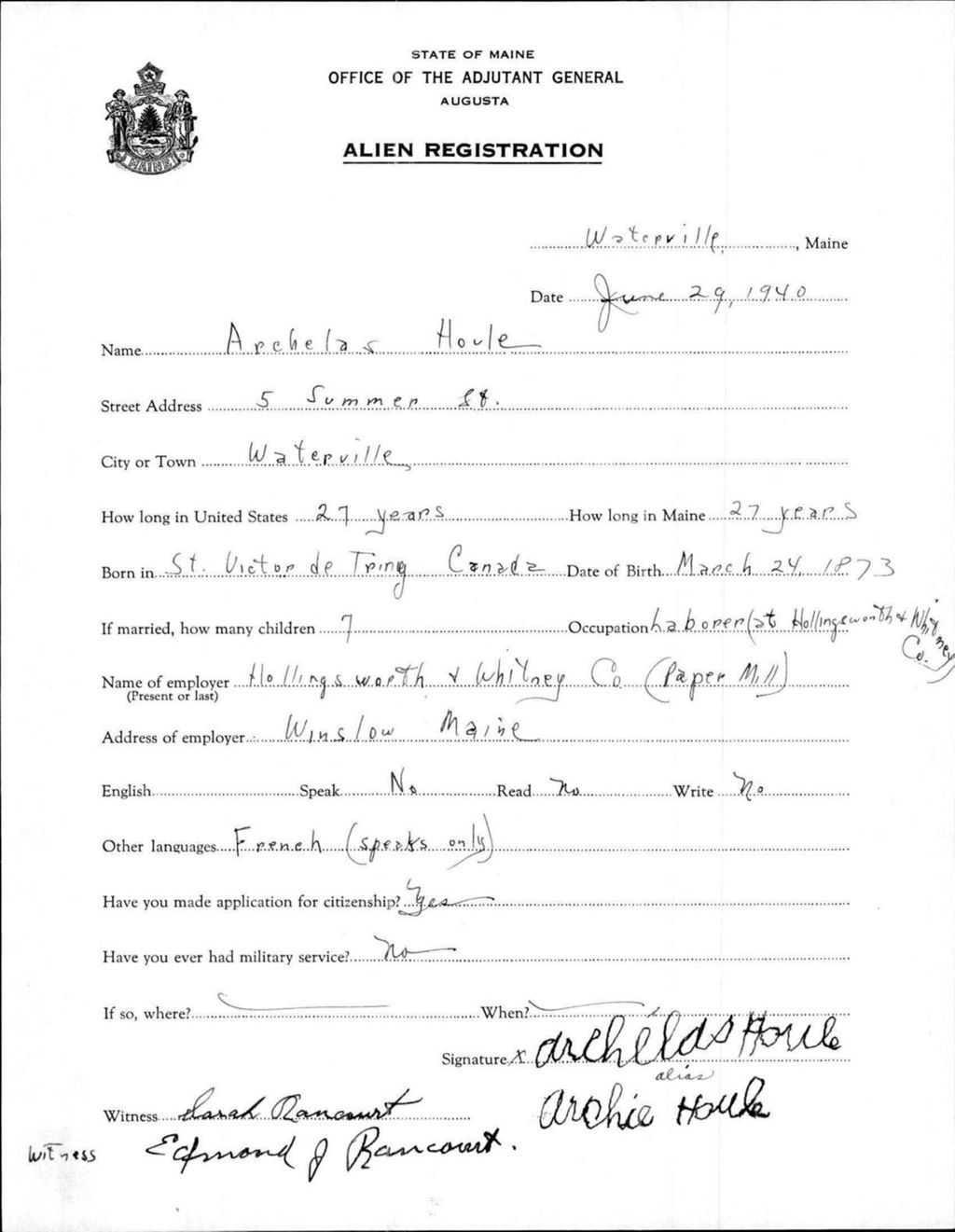Miniature of Alien Registration- Houle, Archelas (Waterville, Kennebec County)