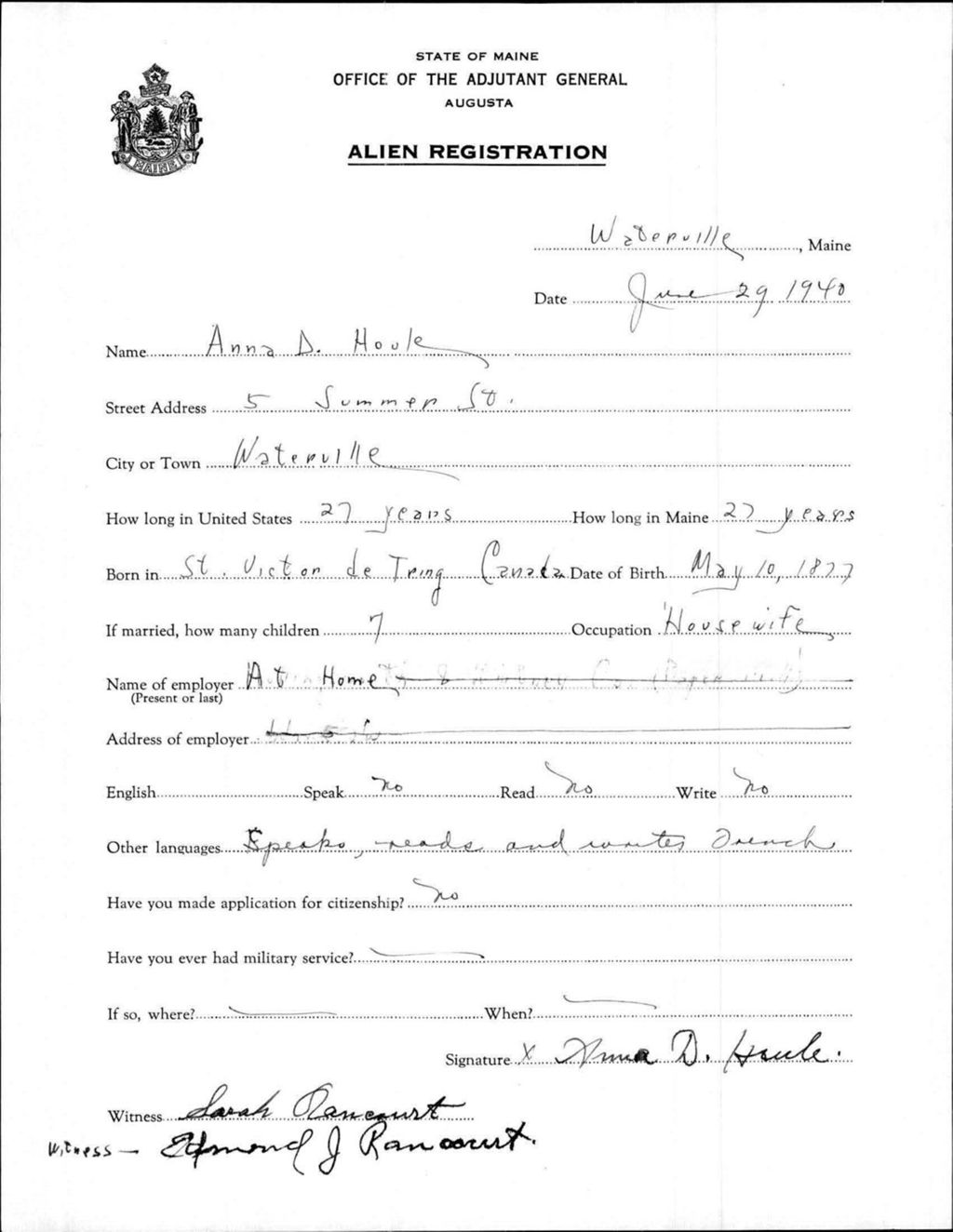 Miniature of Alien Registration- Houle, Anna D. (Waterville, Kennebec County)
