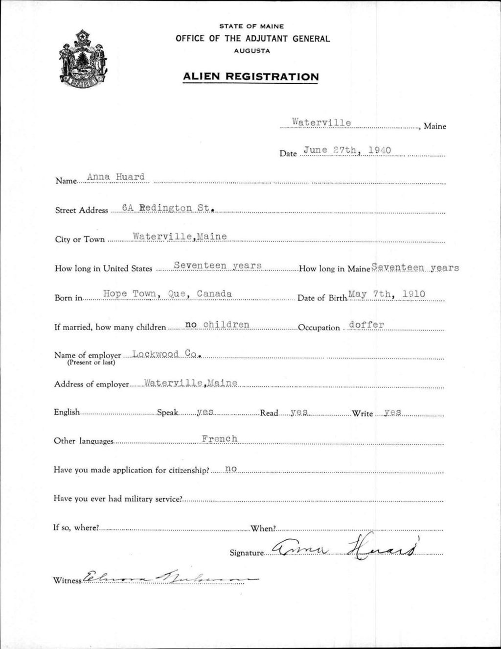 Miniature of Alien Registration- Huard, Anna (Waterville, Kennebec County)