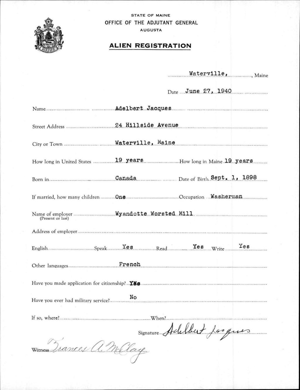 Miniature of Alien Registration- Jacques, Adelbert (Waterville, Kennebec County)