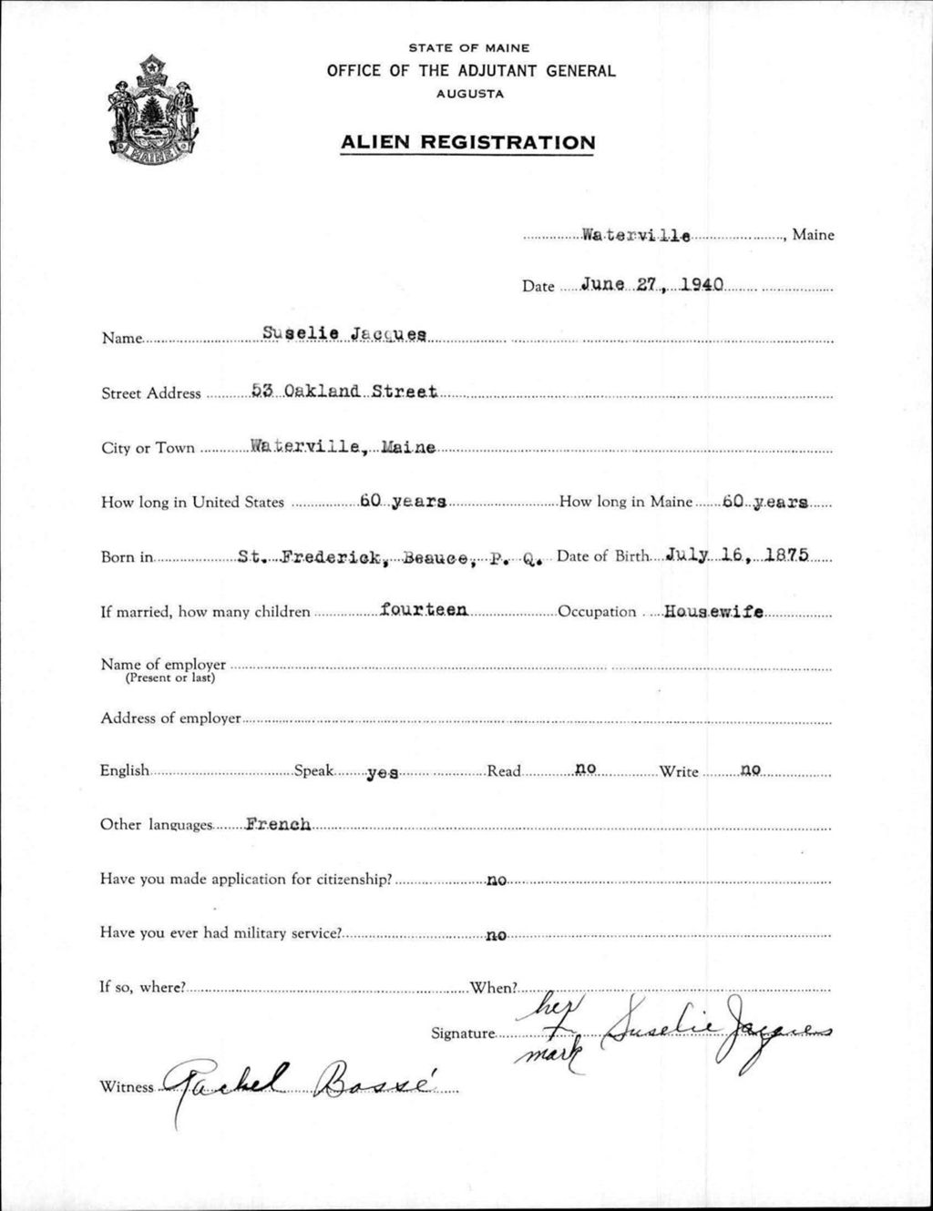 Miniature of Alien Registration- Jacques, Suselie (Waterville, Kennebec County)