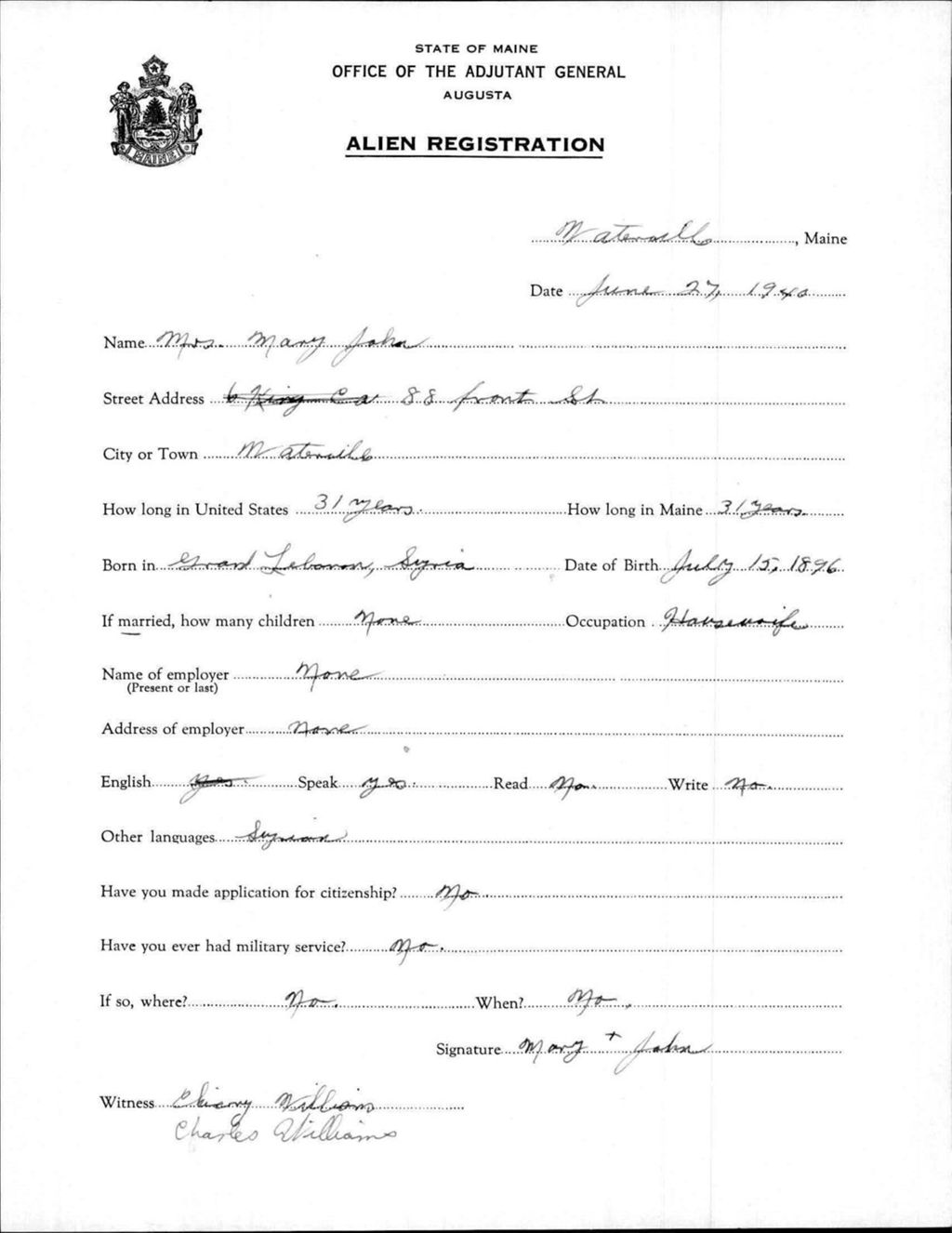 Miniature of Alien Registration- John, Mary (Waterville, Kennebec County)