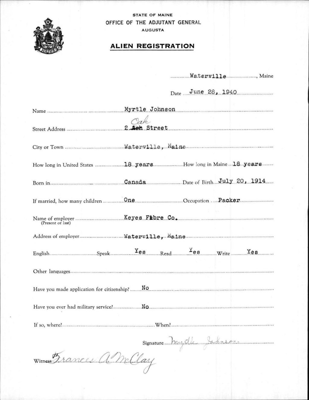 Miniature of Alien Registration- Johnson, Myrtle (Waterville, Kennebec County)