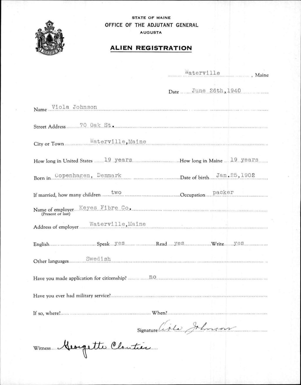 Miniature of Alien Registration- Johnson, Viola (Waterville, Kennebec County)