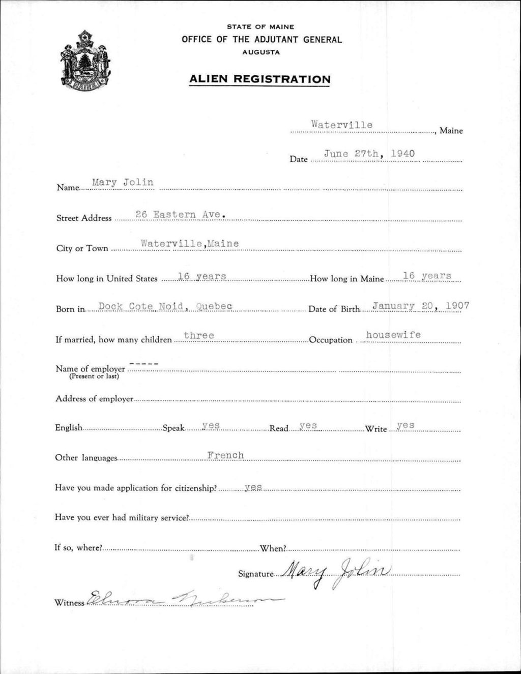 Miniature of Alien Registration- Jolin, Mary (Waterville, Kennebec County)