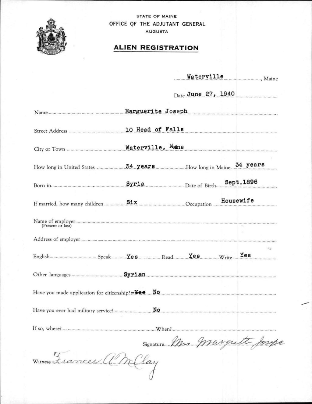 Miniature of Alien Registration- Joseph, Marguerite (Waterville, Kennebec County)