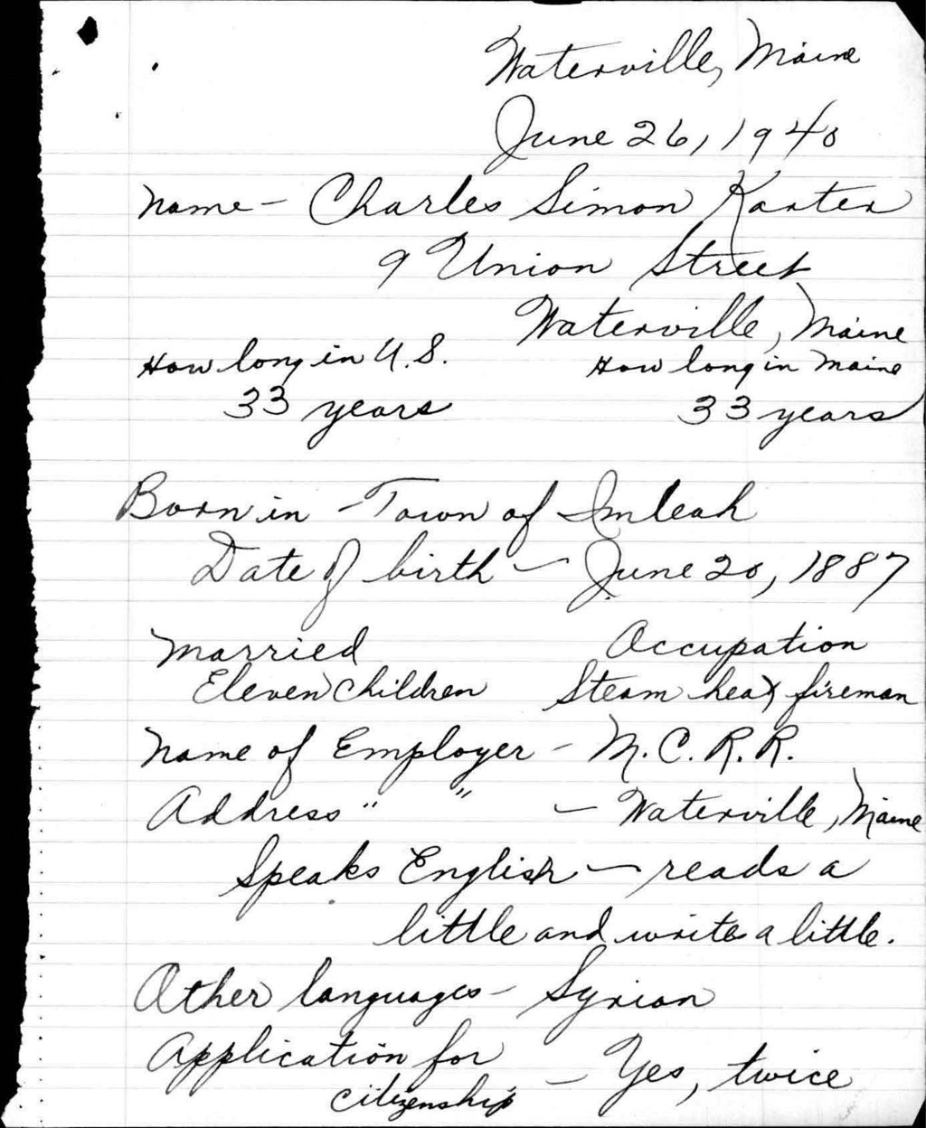 Miniature of Alien Registration- Karter, Charles S. (Waterville, Kennebec County)