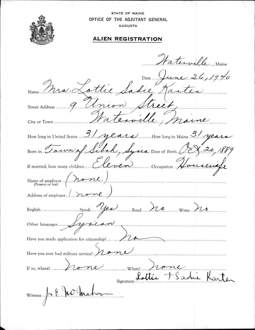 Miniature of Alien Registration- Karter, Lottie S. (Waterville, Kennebec County)