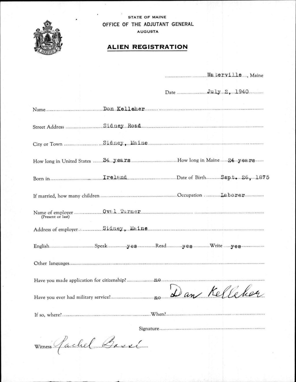 Miniature of Alien Registration- Kelleher, Don (Waterville, Kennebec County)