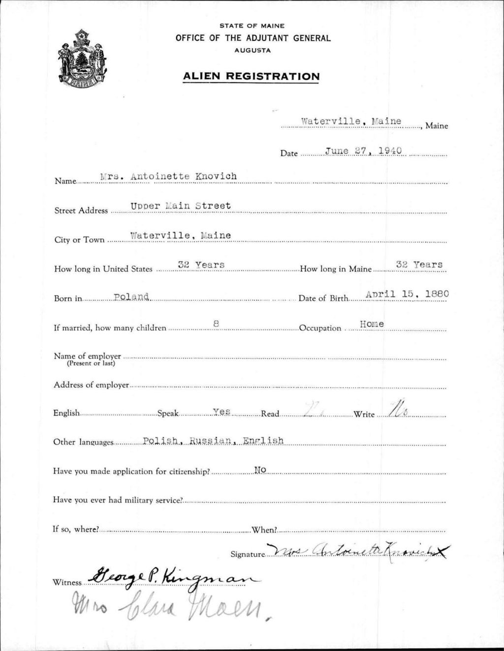 Miniature of Alien Registration- Knovich, Antoinette (Waterville, Kennebec County)