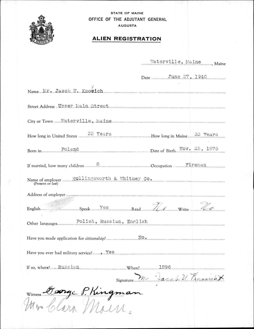 Miniature of Alien Registration- Knovich, Jacob U. (Waterville, Kennebec County)