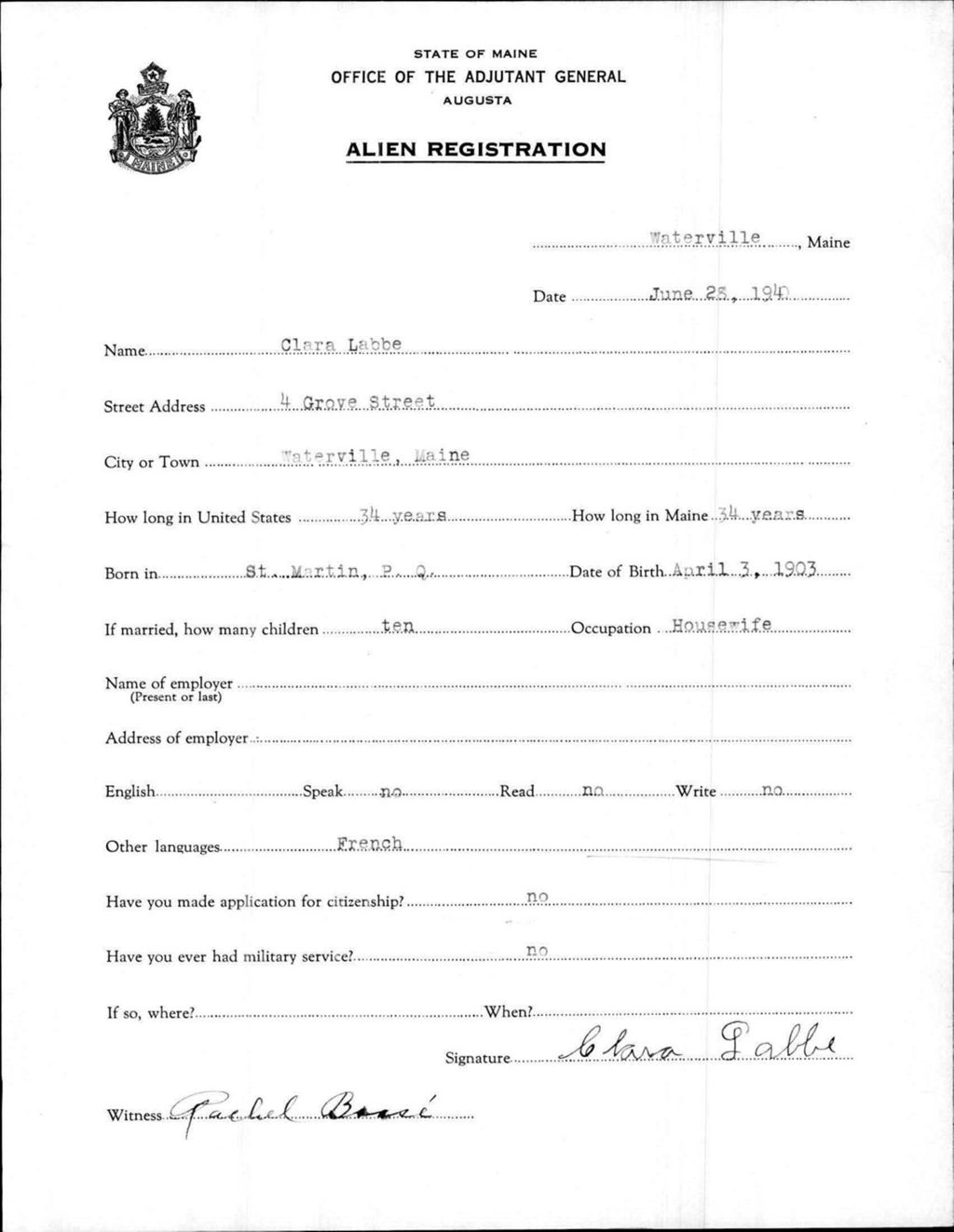 Miniature of Alien Registration- Labbe, Clara (Waterville, Kennebec County)