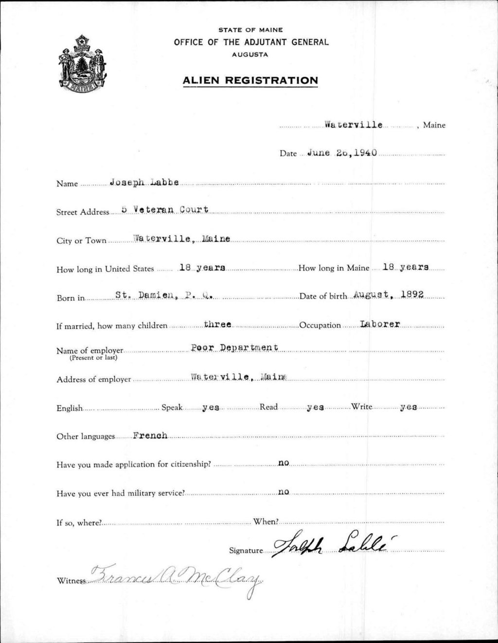 Miniature of Alien Registration- Labbe, Joseph (Waterville, Kennebec County)
