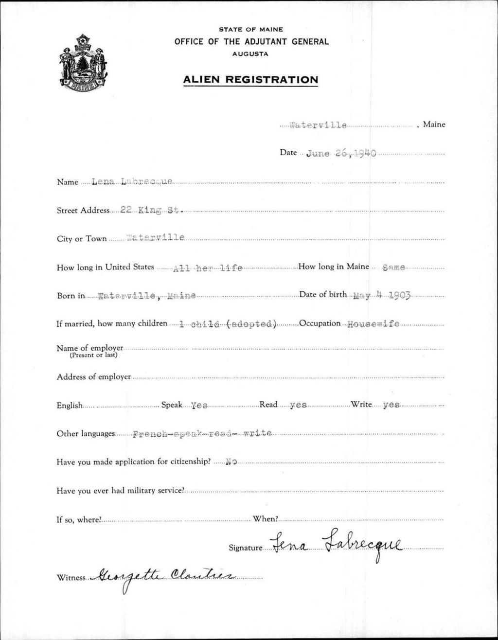 Miniature of Alien Registration- Labrecque, Lena (Waterville, Kennebec County)