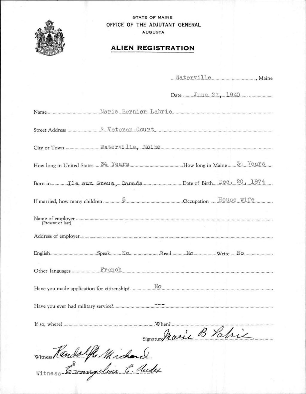 Miniature of Alien Registration- Bernier, Marie (Waterville, Kennebec County)