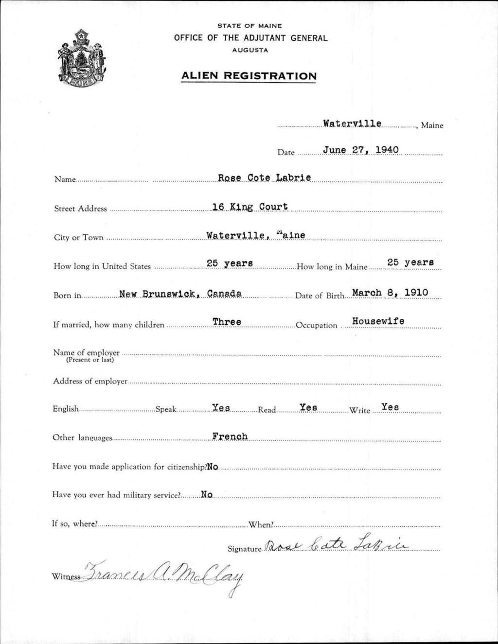 Miniature of Alien Registration- Cote, Rose (Waterville, Kennebec County)