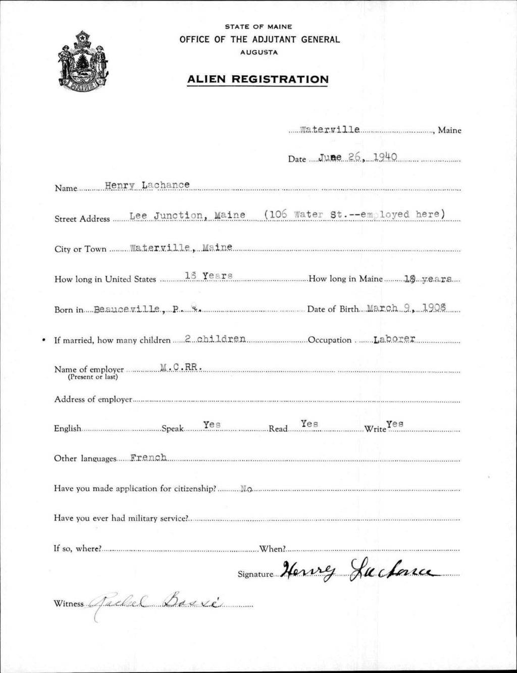 Miniature of Alien Registration- Lachance, Henry (Waterville, Kennebec County)