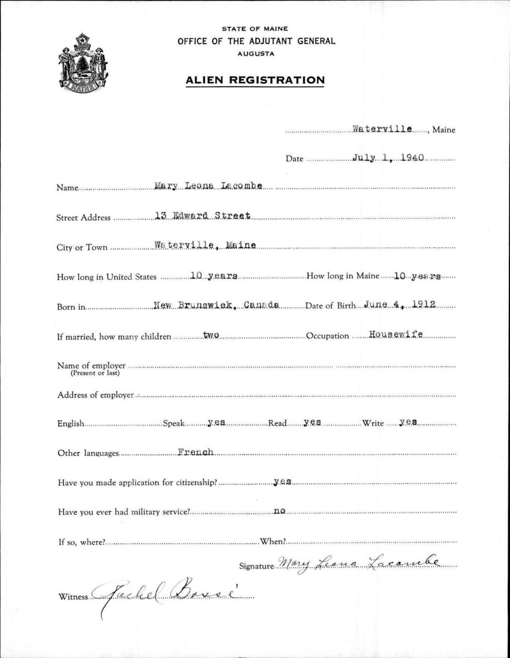 Miniature of Alien Registration- Lacombe, Mary L. (Waterville, Kennebec County)