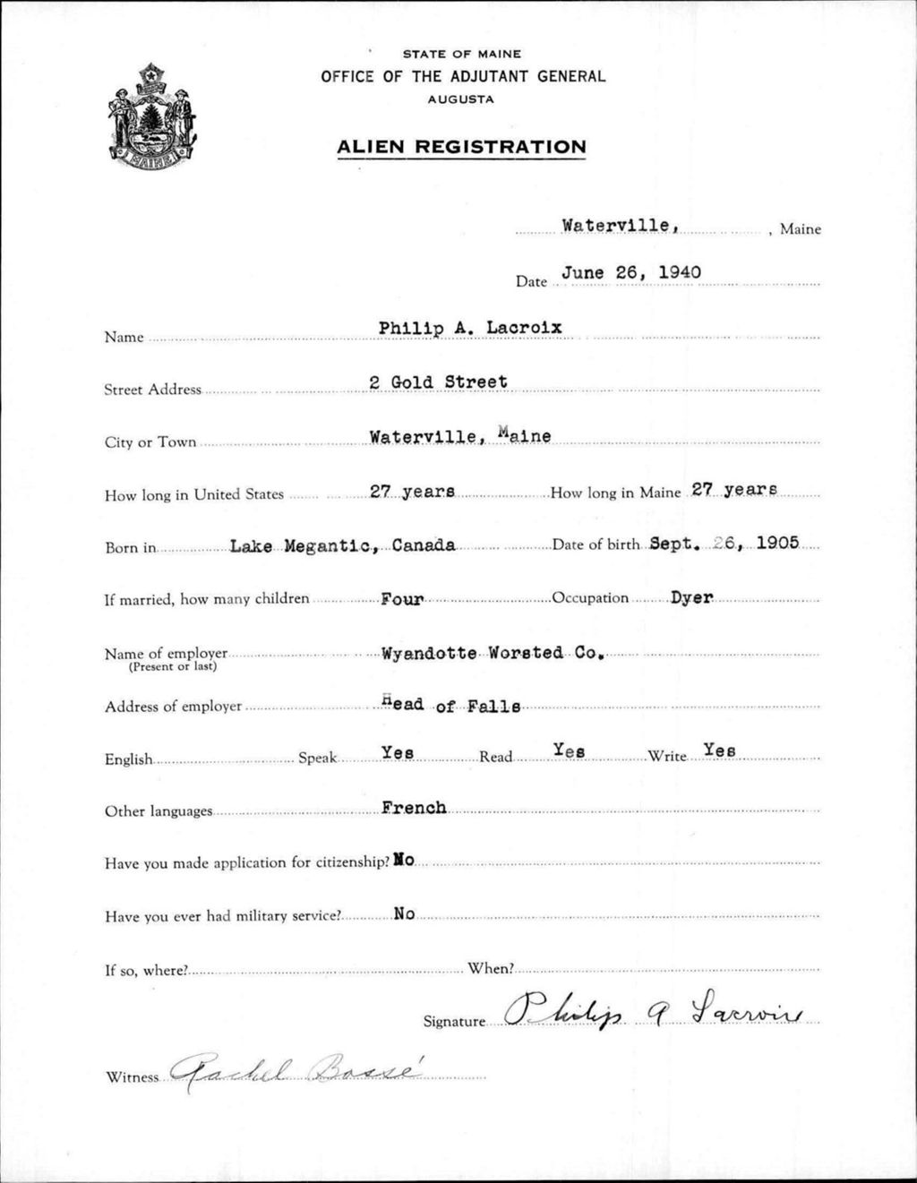 Miniature of Alien Registration- Lacroix, Philip A. (Waterville, Kennebec County)