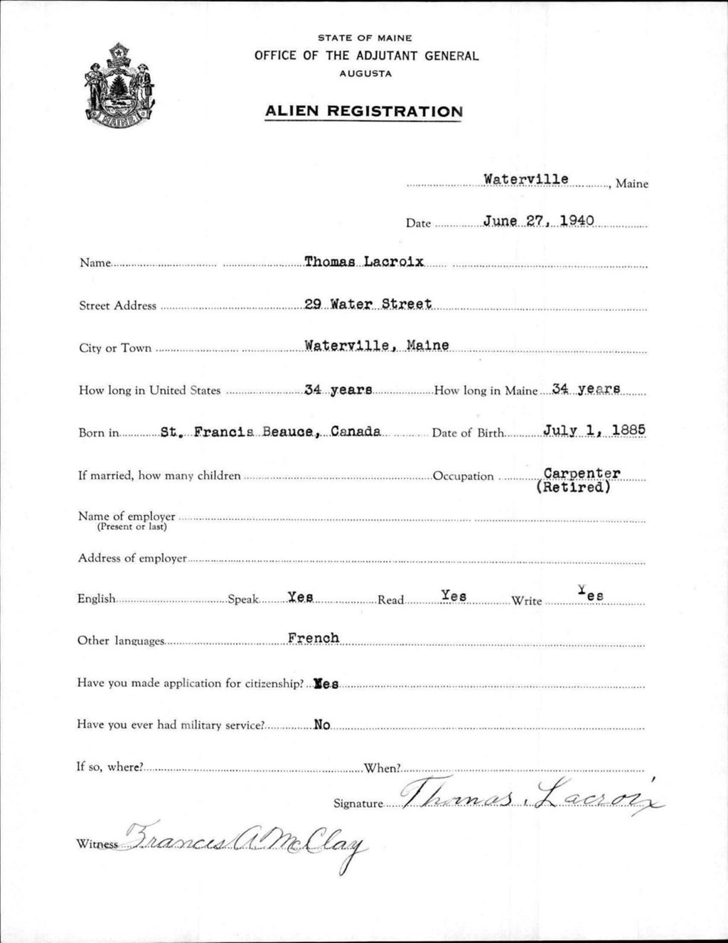 Miniature of Alien Registration- Lacroix, Thomas (Waterville, Kennebec County)